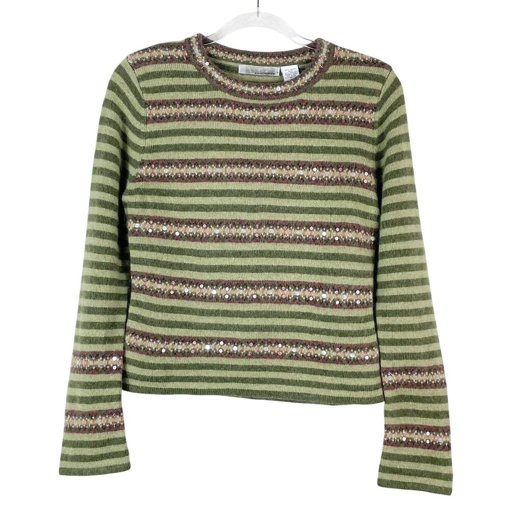 Lucidity Y2K Women's Sage Green Stripe Lambs Wool Angora Sweater Size XL Sequins